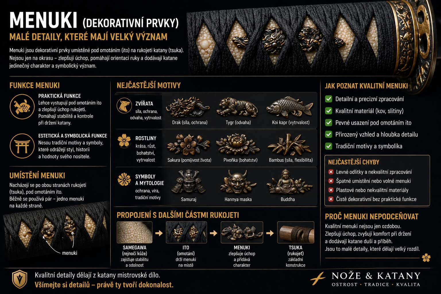 Menuki (dekorativní prvky) detail, který zlepšuje úchop i charakter katany